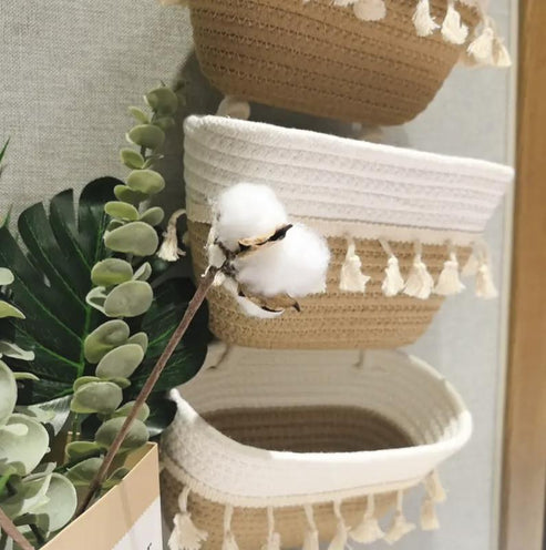 Bohemian Woven Storage Rack With Three-Tier Cotton Hanging Baskets